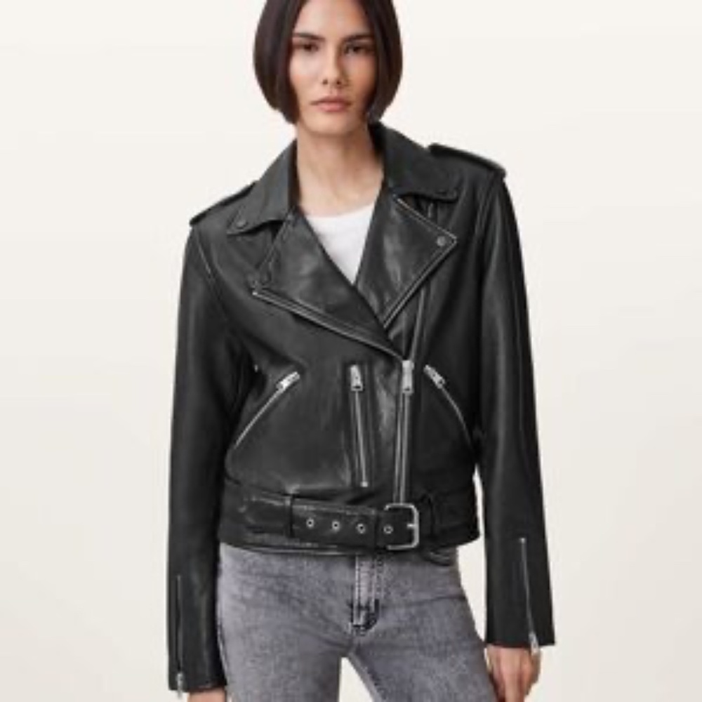 All Saints Lands Biker Cropped Leather Moto Jacket